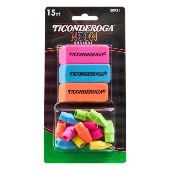Ticonderoga Eraser Multi-Pack, Handheld & Pencil Top Erasers, Neon Colors 15ct - Picture 1 of 3